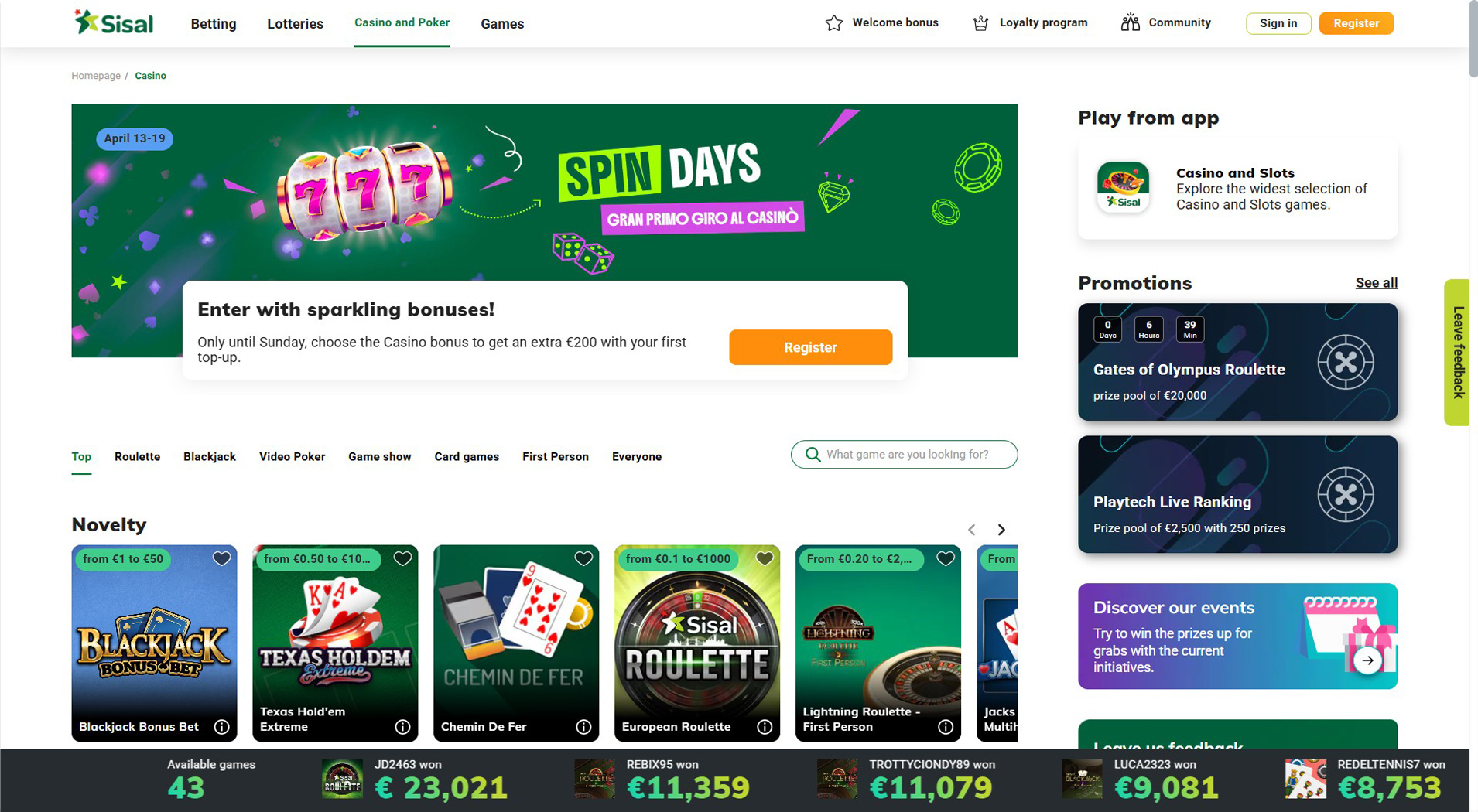 7. Sisal- Offerta Casinò EcoVoucher Bilanciata